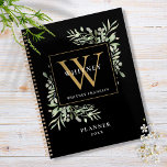 Agenda Black and Dourado Greenery deixa Monograma Nome 20<br><div class="desc">Planificador Elegante de cor aquosa verde com nome de monograma 2023,  com uma inicial de monograma de ouro. Projetado por Thisnotme©</div>