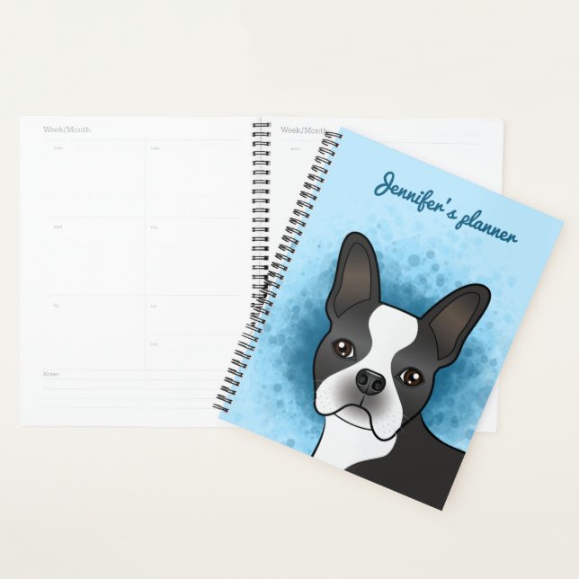 Agenda Black Boston Terrier Cartoon Dog On Blue & Text (Exibição)