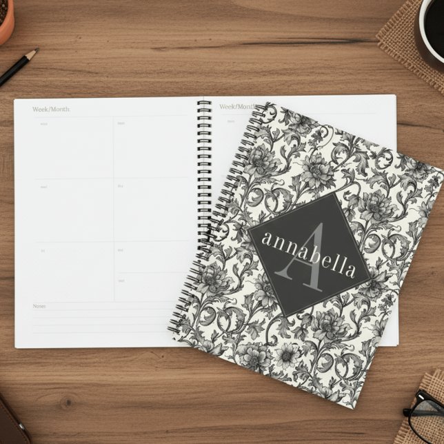 Agenda Black Floral William Morris Elegant Monogram (Criador carregado)