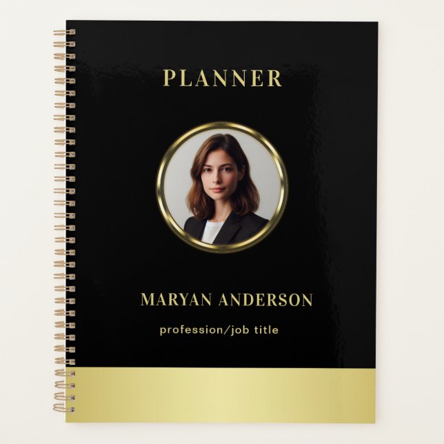 Agenda Black & gold design, Logo or Photo in gold circle, (Frente)
