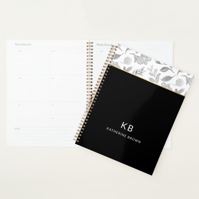 Agenda Black Watercolor Floral Pattern Stylish 2026 (Exibição)