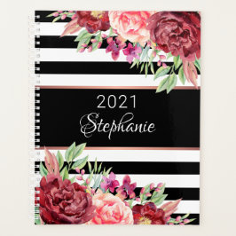 Agenda Black White Stripes Elegante Floral Personalizado