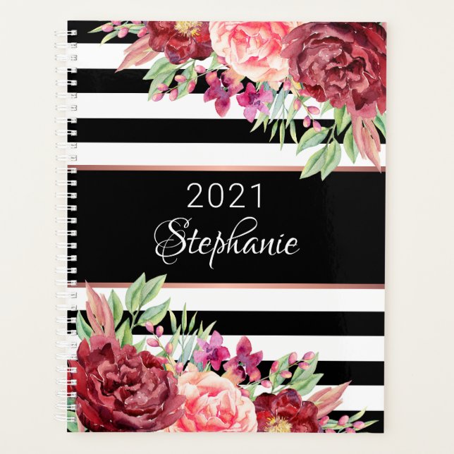 Agenda Black White Stripes Elegante Floral Personalizado (Frente)