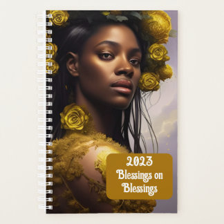 Agenda Black woman white roses and gold embellishments