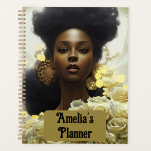 Agenda Black woman white roses and gold embellishments