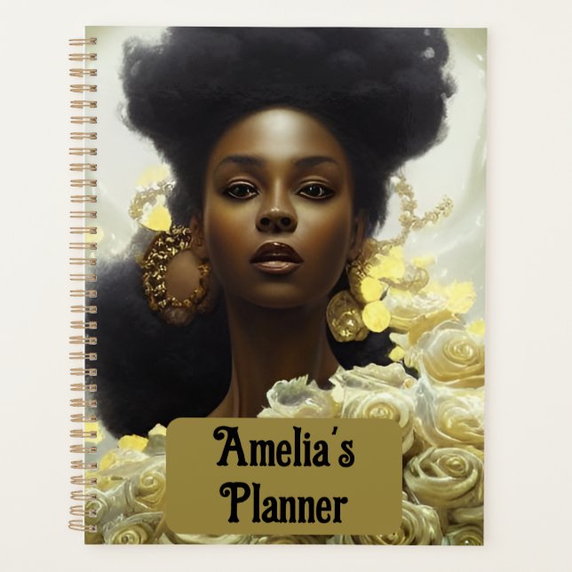 Agenda Black woman white roses and gold embellishments (Frente)