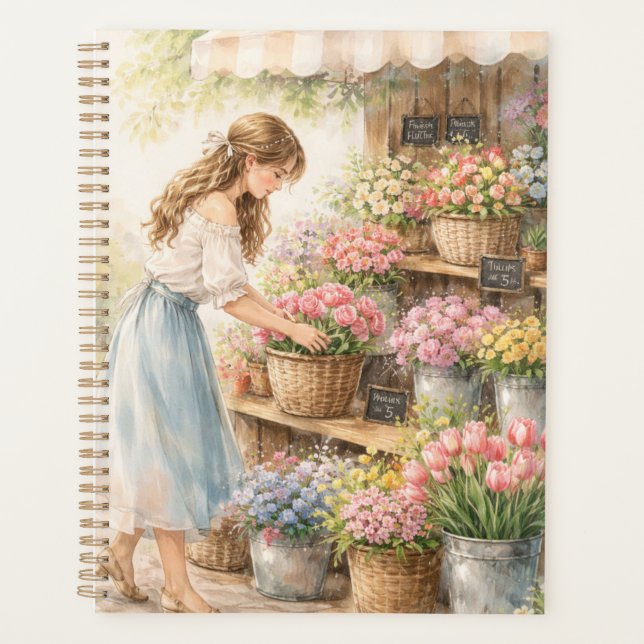 Agenda Bloco de Notas Menina Mercado de Flores Aquarela V (Frente)