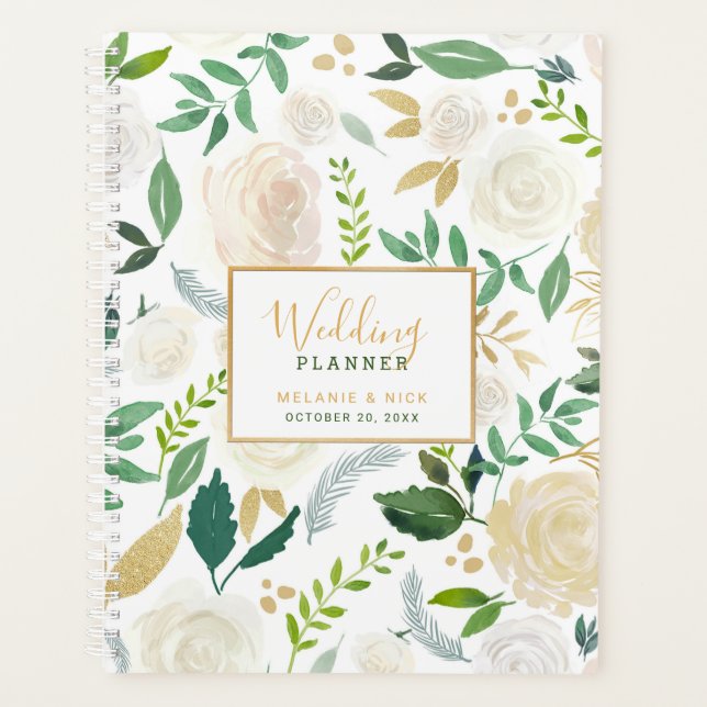 Agenda Bloco Dourado de Casamento Floral Chic White Plann (Frente)