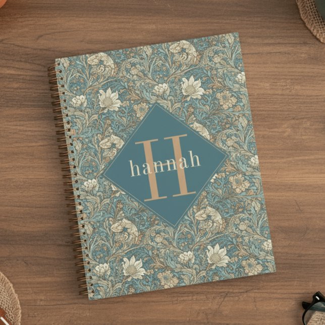 Agenda Blue Floral William Morris Elegant Monogram (Criador carregado)