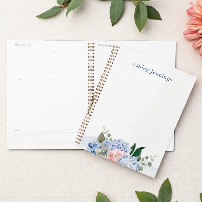 Agenda Blue Hydrangea & Blush Floral Personalized (Blue and blush watercolor floral personalized planner cover design)