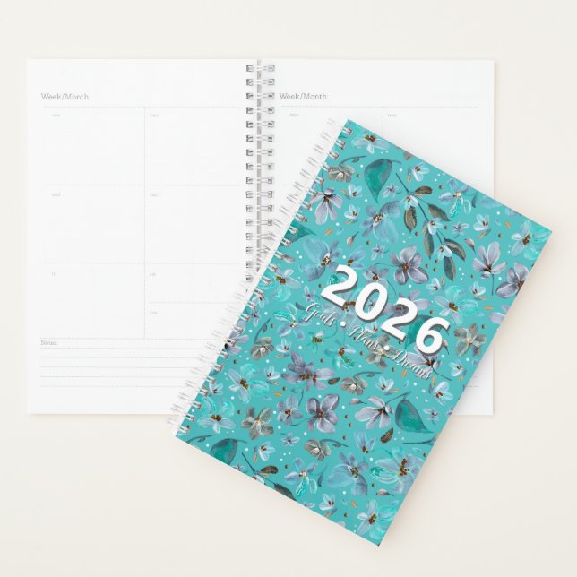 Agenda Blue Mint Magic Watercolor Floral 2026 Customized (Exibição)