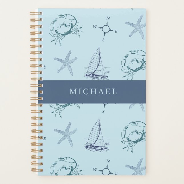 Agenda Blue Nautical Crab Starfish Boat Pattern Planner (Frente)