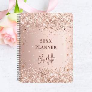 Agenda Blush de glitter em rose gold nome script glam 202