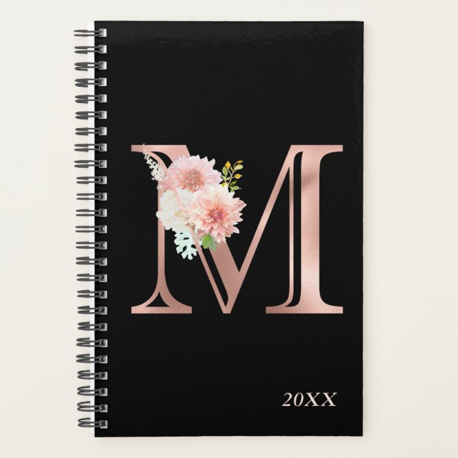 Agenda Blush de Rosa Dourado Floral Monograma Anual Letra (Frente)