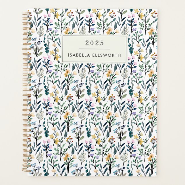 Agenda Boho Aquarela Nome Personalizado Flor Silvestre (Frente)