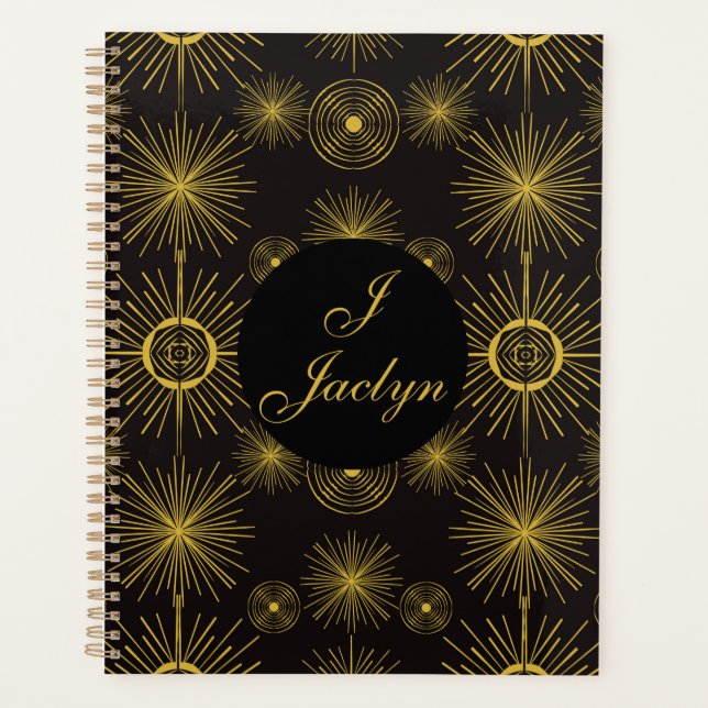 Agenda Boho Celestial Sun Stars Black Personalizado (Frente)