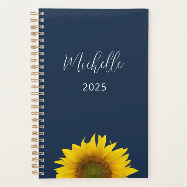 Agenda Boho Floral Marinho de Girassol Azul Elegante (Frente)