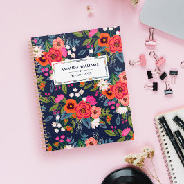 Agenda Boho Floral Patterno - Marinho Azul e Coral - Nome