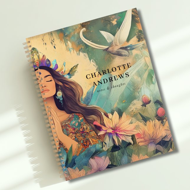 Agenda Boho Mystic Spiritual Woman Illustration  (Boho Mystic Spiritual Woman Illustration Planner with your Name or Text)