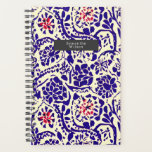 Agenda Boho Padrão Azul e Vermelho<br><div class="desc">Azul com sotaque vermelho a aquarela inspirou o padrão de feto. Personalize o retângulo de cinza de dentro de nome na frente.</div>