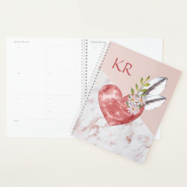 Agenda Boho Penas de Coração Rosa Daisy Marble Patterno (Exibição)