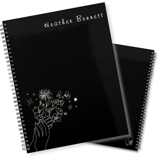 Agenda Boho Wildflower Personalized Black Gift for Her (Criador carregado)