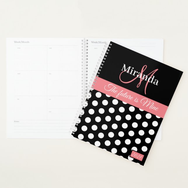 Agenda Bolinhas branca preto-e-rosa monograma (Exibição)