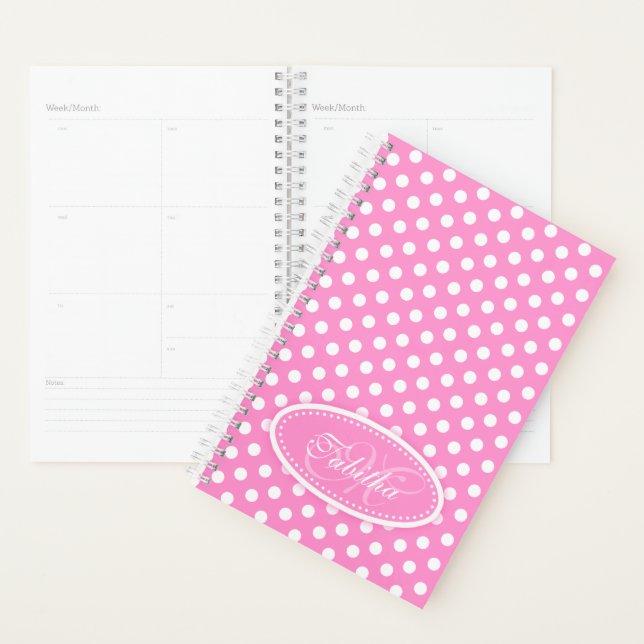 Agenda Bolinhas de nome personalizado rosa e branco (Exibição)