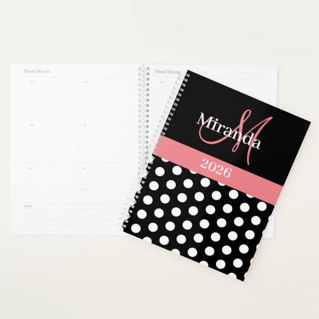 Agenda Bolinhas de Script do Monograma Cor-de-Rosa Preta (Exibição)