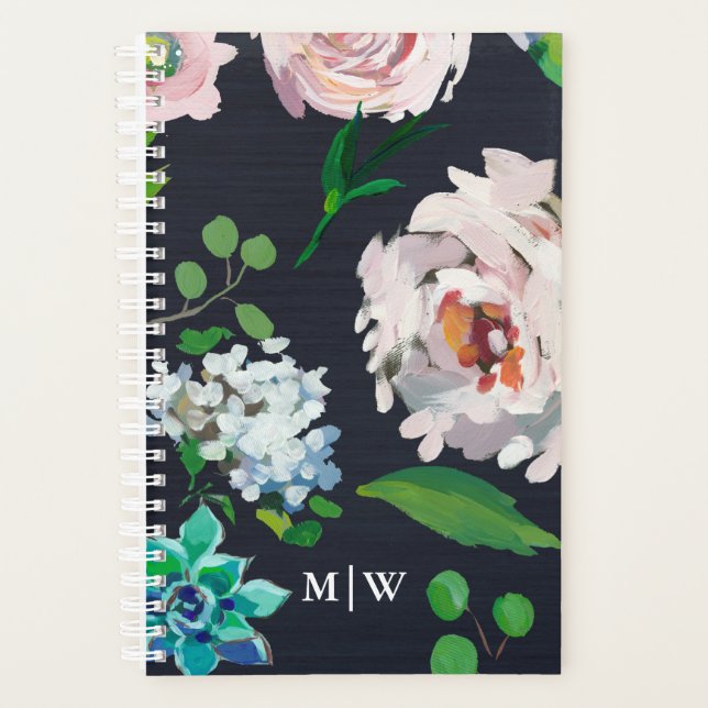 Agenda Bonito Pastel Floral Blooms em Preto com Monograma (Frente)