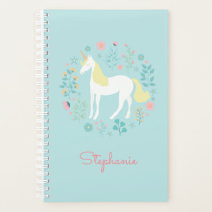 Agenda Bonito Unicórnio e Flores Aqua Personalizados