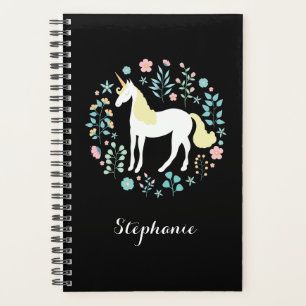 Agenda Bonito Unicórnio e Flores Preto Personalizado