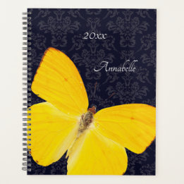 Agenda Borboleta Amarela Elegante Preto Damasco Adicionar