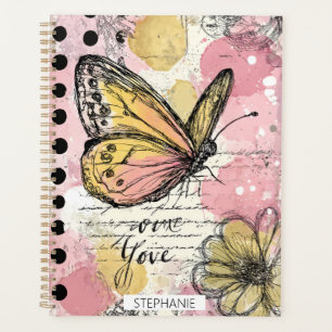 Agenda Borboleta Aquarela Rosa Dourado Arte Boho Natureza
