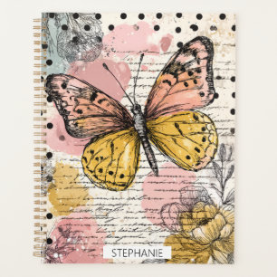 Agenda Borboleta Aquarela Rosa Dourado Arte Boho Natureza