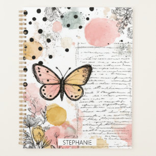 Agenda Borboleta Aquarela Rosa Dourado Arte Boho Natureza