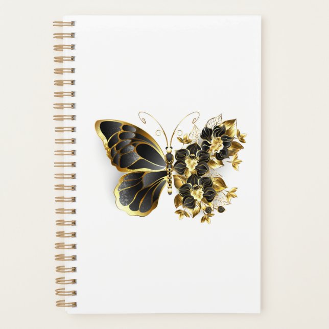 Agenda Borboleta Flor Dourada com Orquídea Preta (Frente)