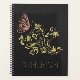 Agenda Borboleta Flourish Dourada de Brilho Personalizada
