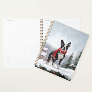 Agenda Boston Terrier Dog no Natal da neve