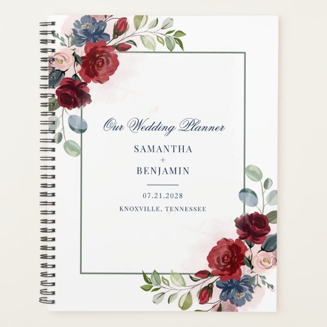 Agenda Botânica Floral Bordô Folhagem Rótulo Casamento (Frente)