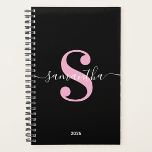 Agenda Branco preto e Rosa claro Moderno Monograma