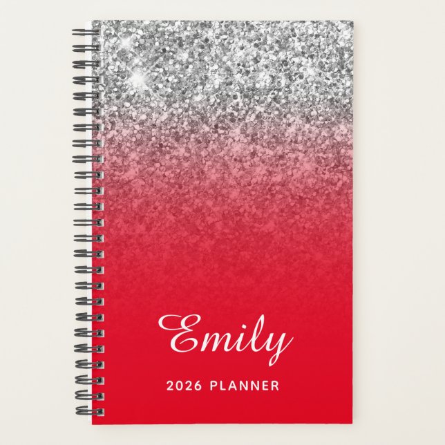Agenda Bright Red Silver Glitter Ombre Personalizado (Frente)