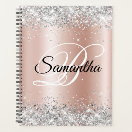 Agenda Brilhante Glitter Prata Rosa Pálido Folha de Monog