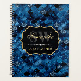 Agenda Brilho Azul Real Escamas de Peixe Sereia Monograma