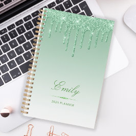 Agenda Brilho de Luxo Chic Gotas Personalizado Verde 2025