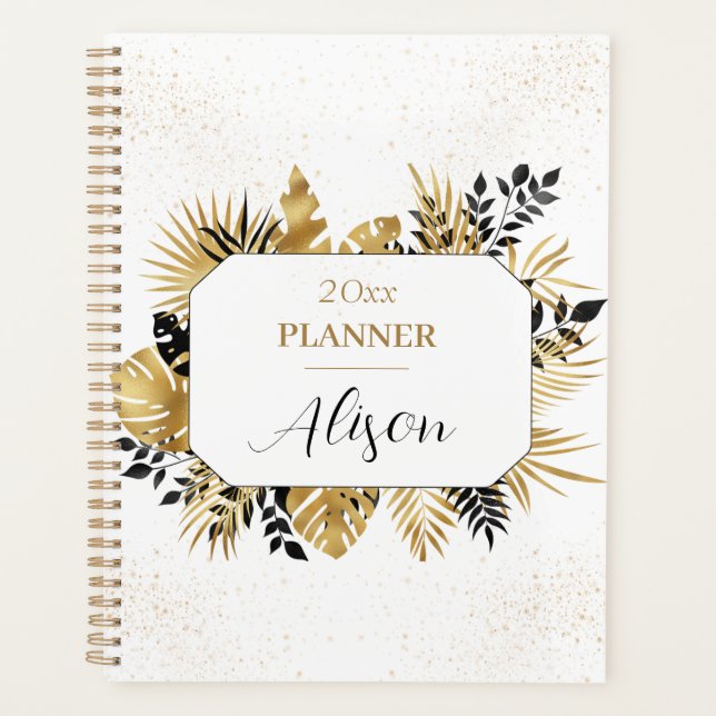Agenda Brilho Floral Personalizado Preto E Dourado (Frente)