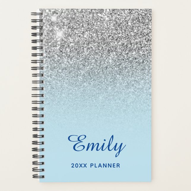 Agenda Brilho Prateado Azul Pastel Ombre Personalizado (Frente)