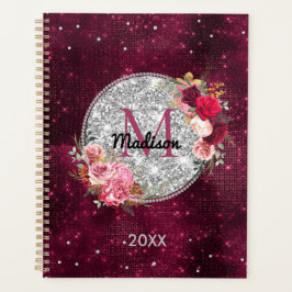 Agenda Brilho prateado chique falso Burgundy floral monog