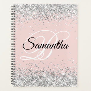 Agenda Brilho Prateado Glitter Blush Monograma Chique