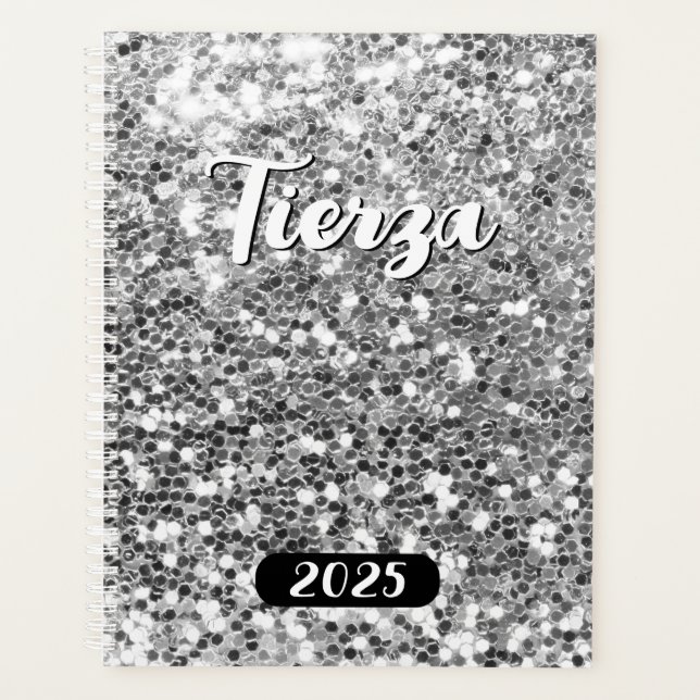 Agenda Brilho Prateado Grosso Personalizado 2025 (Frente)